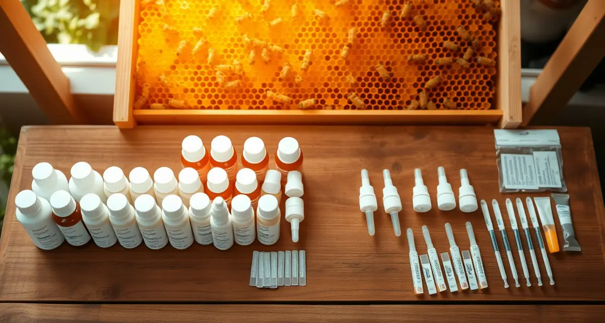 Side-by-side comparison of 9 EPA-registered varroa mite treatment products displayed on a beekeeper's workbench
