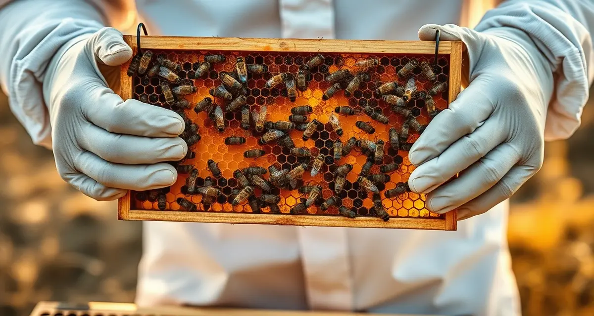 Beekeeper analyzing varroa mite data and treatment records from first-year colony monitoring for improved hive management strategy