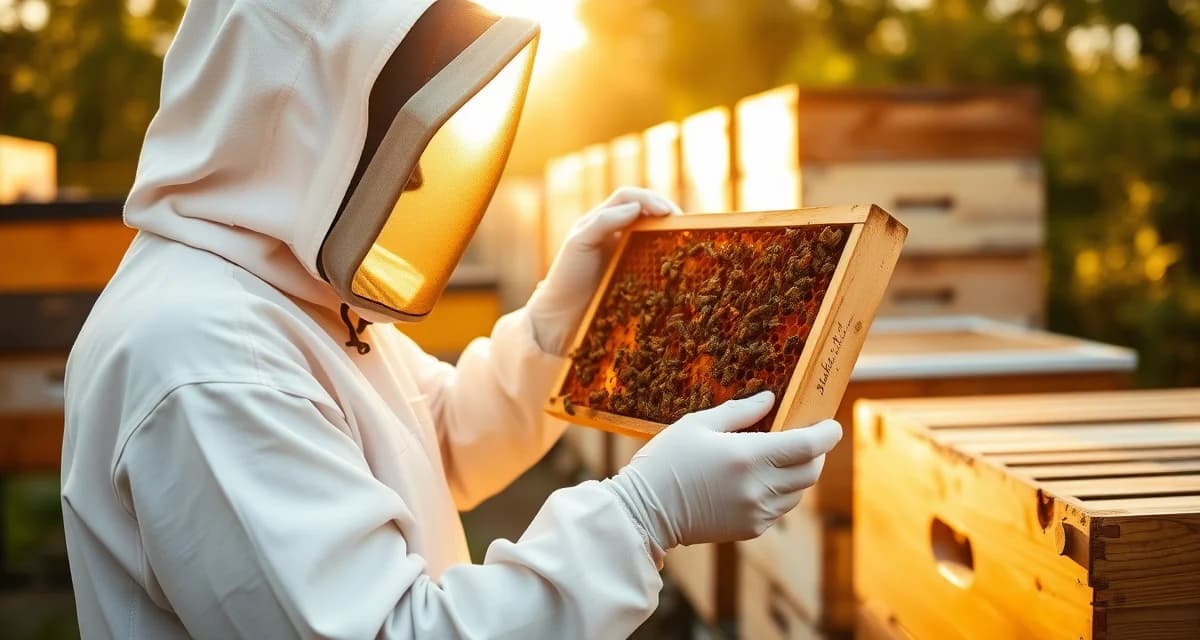 Beekeeper examining hive frame to monitor varroa mite levels before implementing treatment protocol