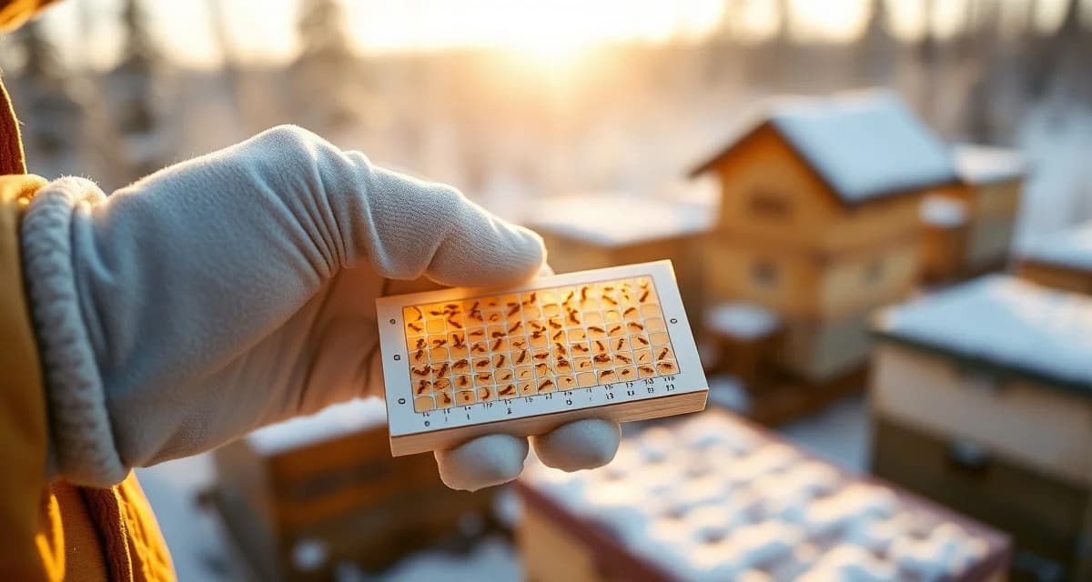 Beekeeper performing varroa mite monitoring on winter hive cluster using sampling board during mild winter day
