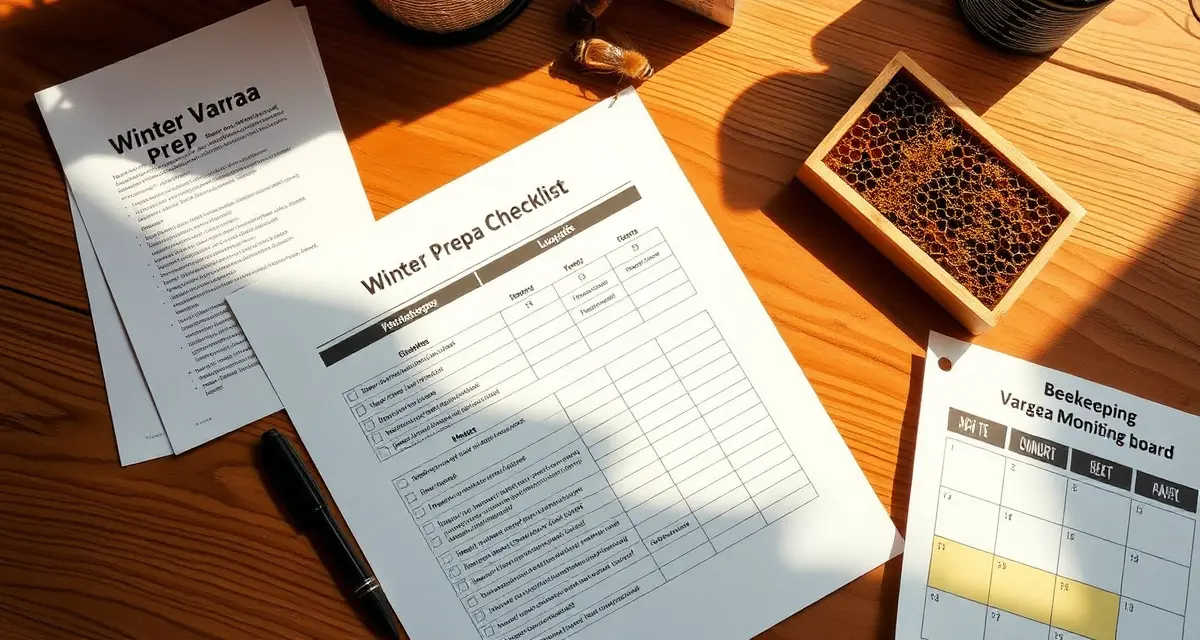 Printable varroa mite winter prep checklist for beekeepers with organized checkboxes and beekeeping management tools on desk