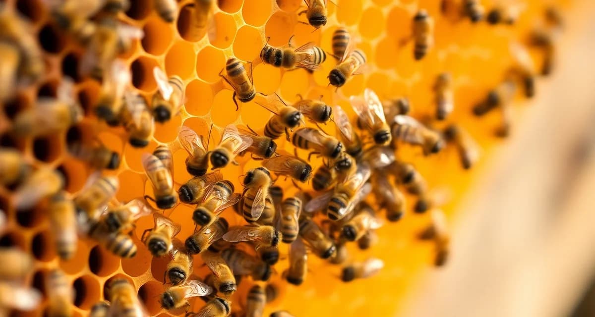 Honeycomb frame with winter bees clustered together during late summer, demonstrating varroa mite monitoring for winter survival preparation.