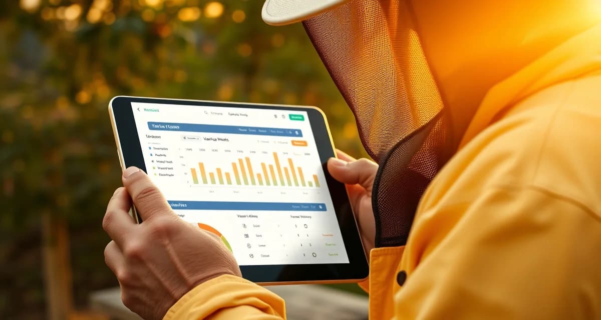 Beekeeper accessing VarroaVault free trial on tablet to track varroa mite counts and hive health data without credit card required