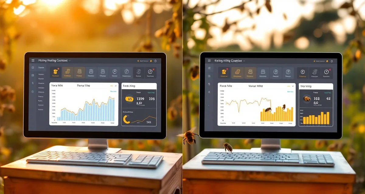 Side-by-side comparison of VarroaVault and ApiaryBook beekeeping software interfaces for hive management and varroa mite tracking