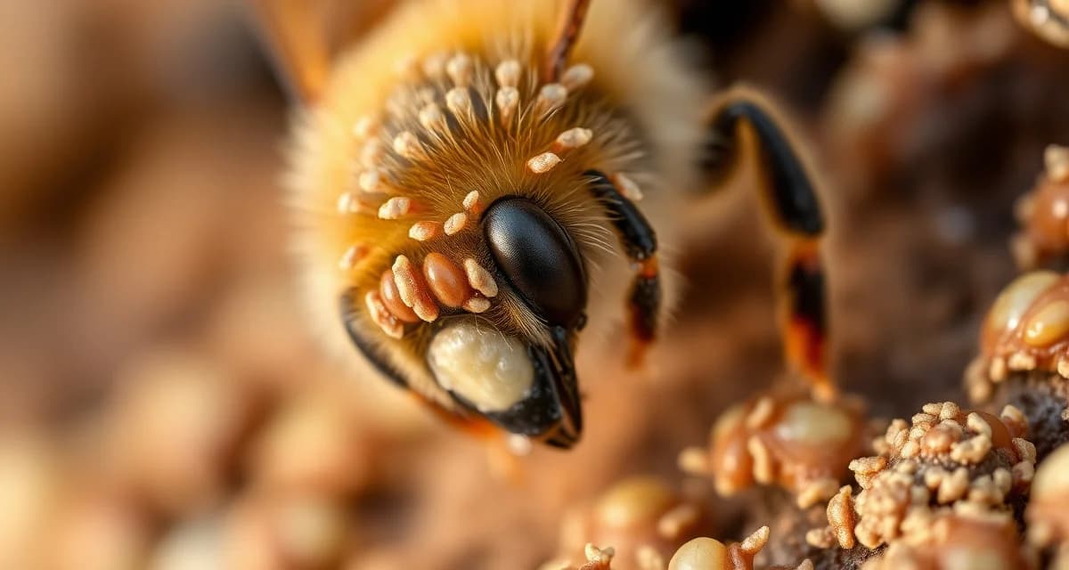 Closeup of varroa mites on honeybee during winter OA dribble treatment showing exposed mites on broodless cluster