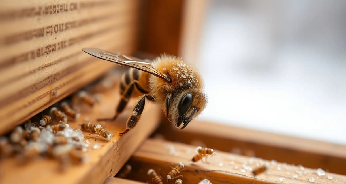 Close-up of varroa mites on adult honeybee during winter broodless period, demonstrating peak vulnerability for OA vaporization treatment