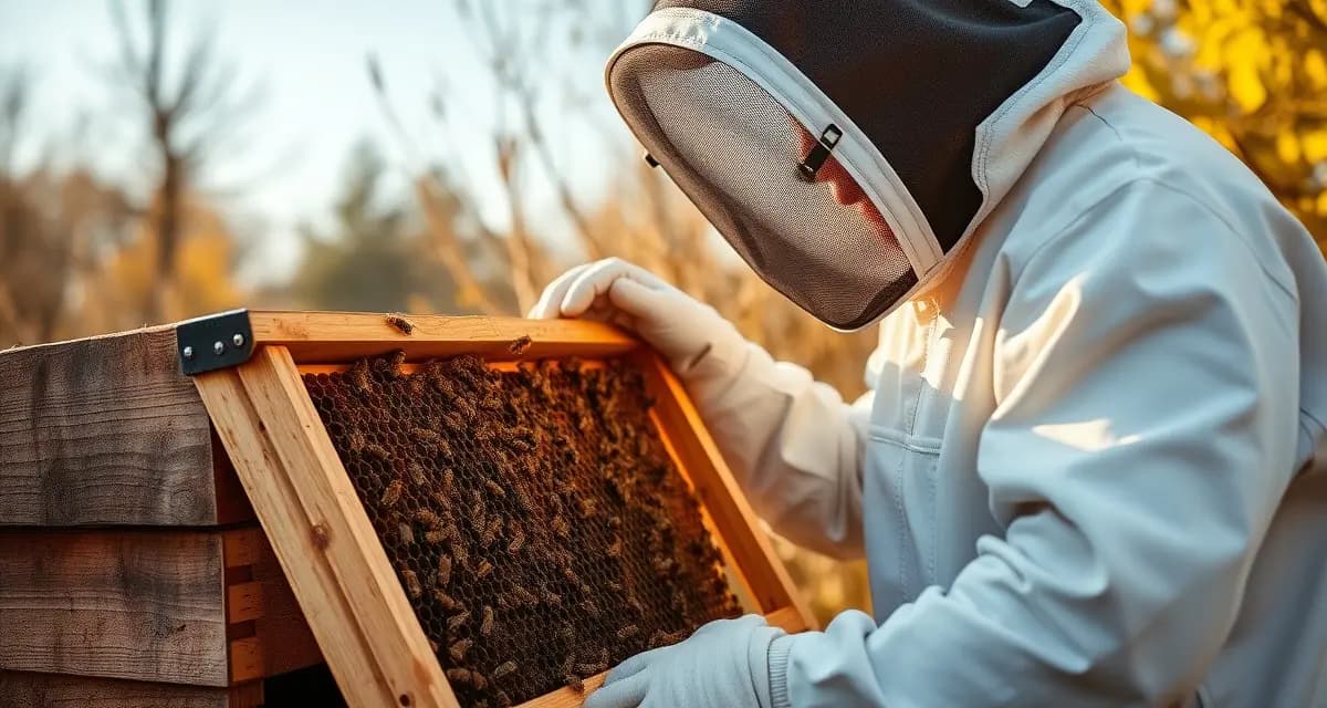 Beekeeper inspecting hive frame for varroa mite management during fall winterization process with protective equipment