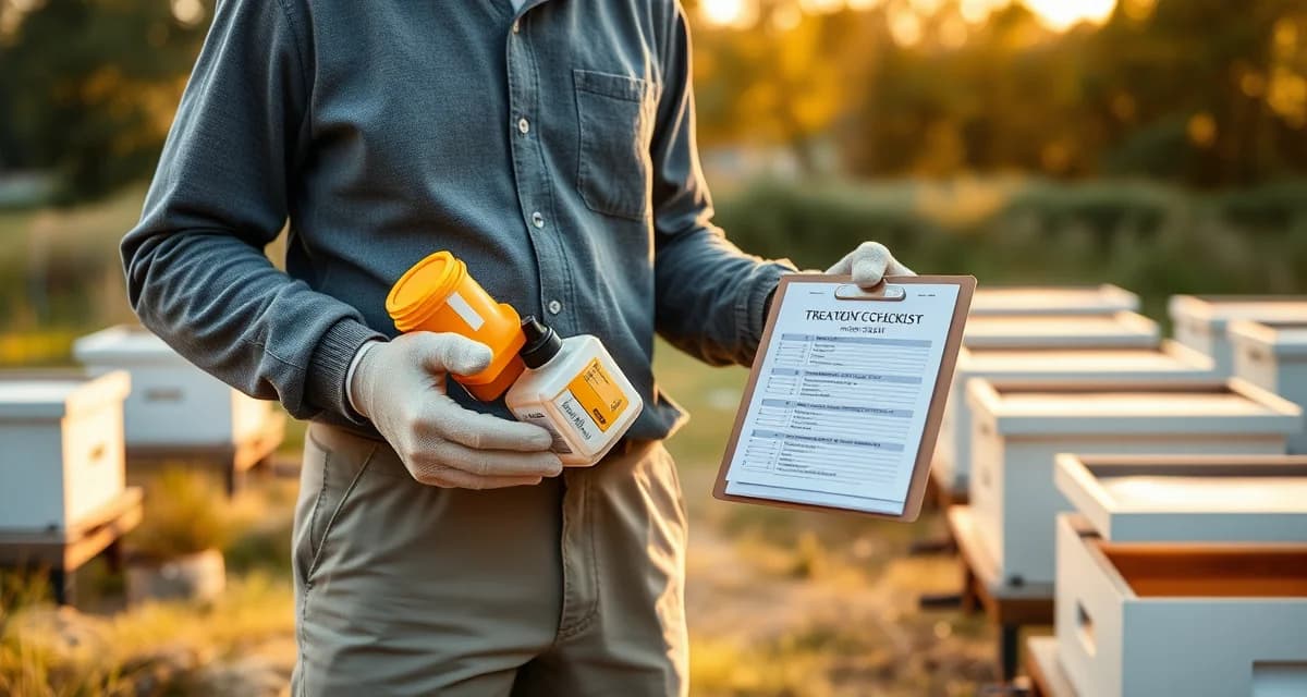 Beekeeper reviewing yard run list clipboard before executing batch varroa mite treatment across multiple apiaries