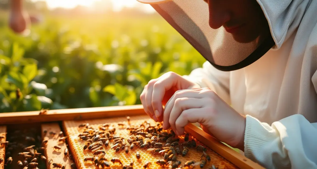 Beekeeper inspecting varroa mites on honeycomb frame during year-round hive management in Climate Zone 8