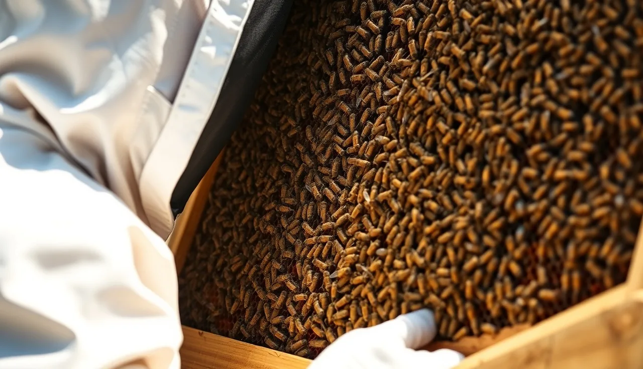 Beekeeper inspecting a broodless frame during a 12-day brood break treatment
