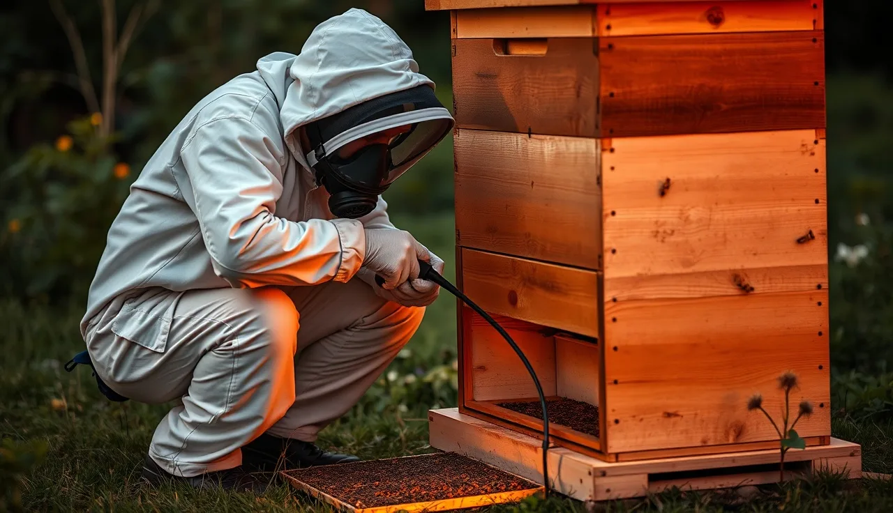 Beekeeper using a 120v oxalic acid vaporizer at a wooden Langstroth hive entrance at dusk