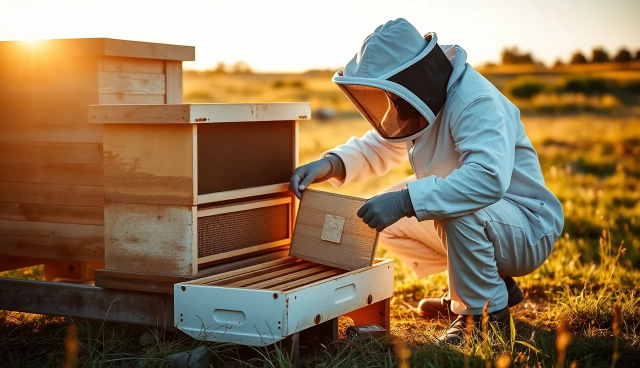 Beekeeper pulling a sticky mite counting board from beneath a hive