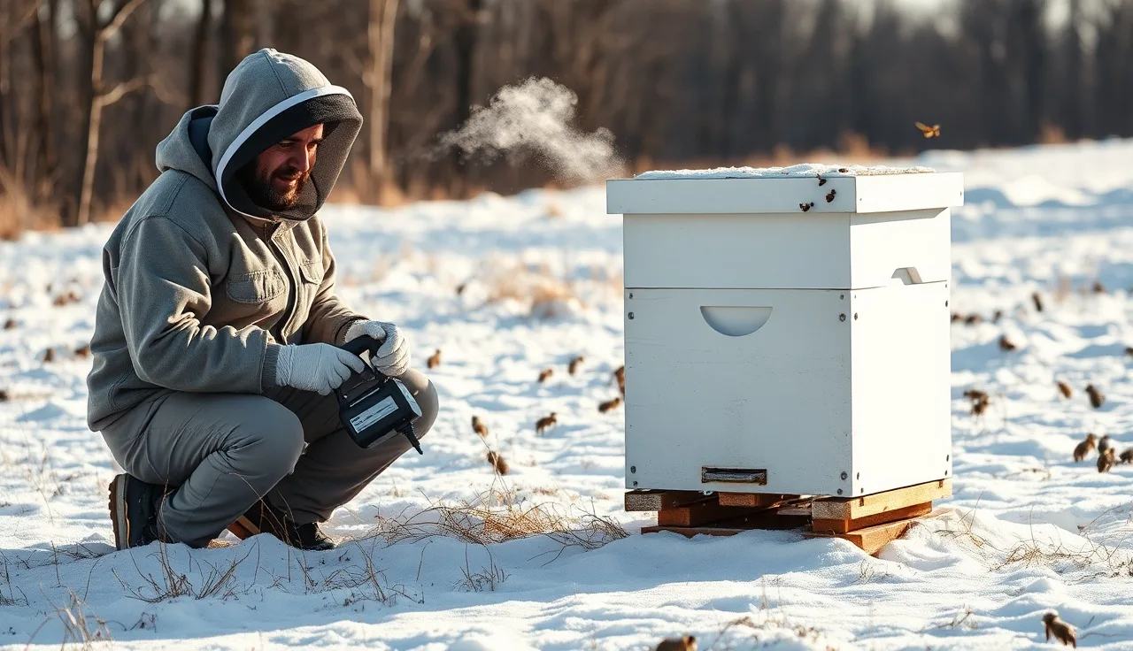 Beekeeper vaporizing oxalic acid into a Langstroth hive in a snowy winter field