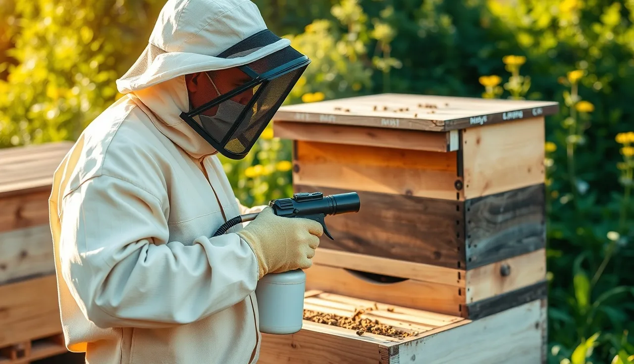 Beekeeper using an oxalic acid vaporizer on a Langstroth hive to treat varroa mites