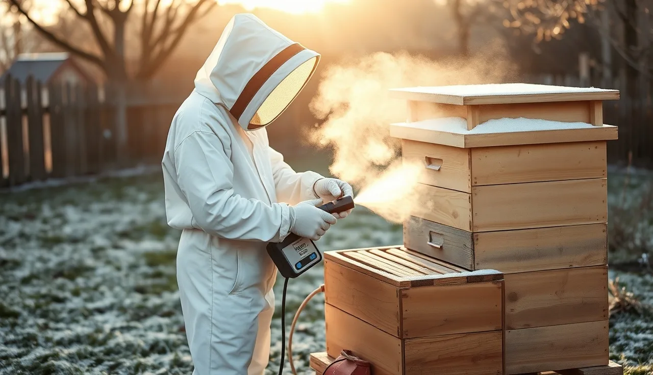 Beekeeper applying oxalic acid vaporizer treatment to a Langstroth hive in winter