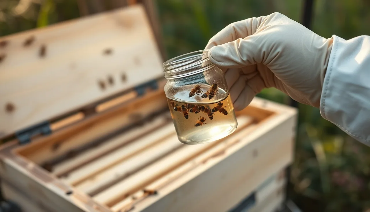 Beekeeper performing alcohol wash varroa mite count beside open hive