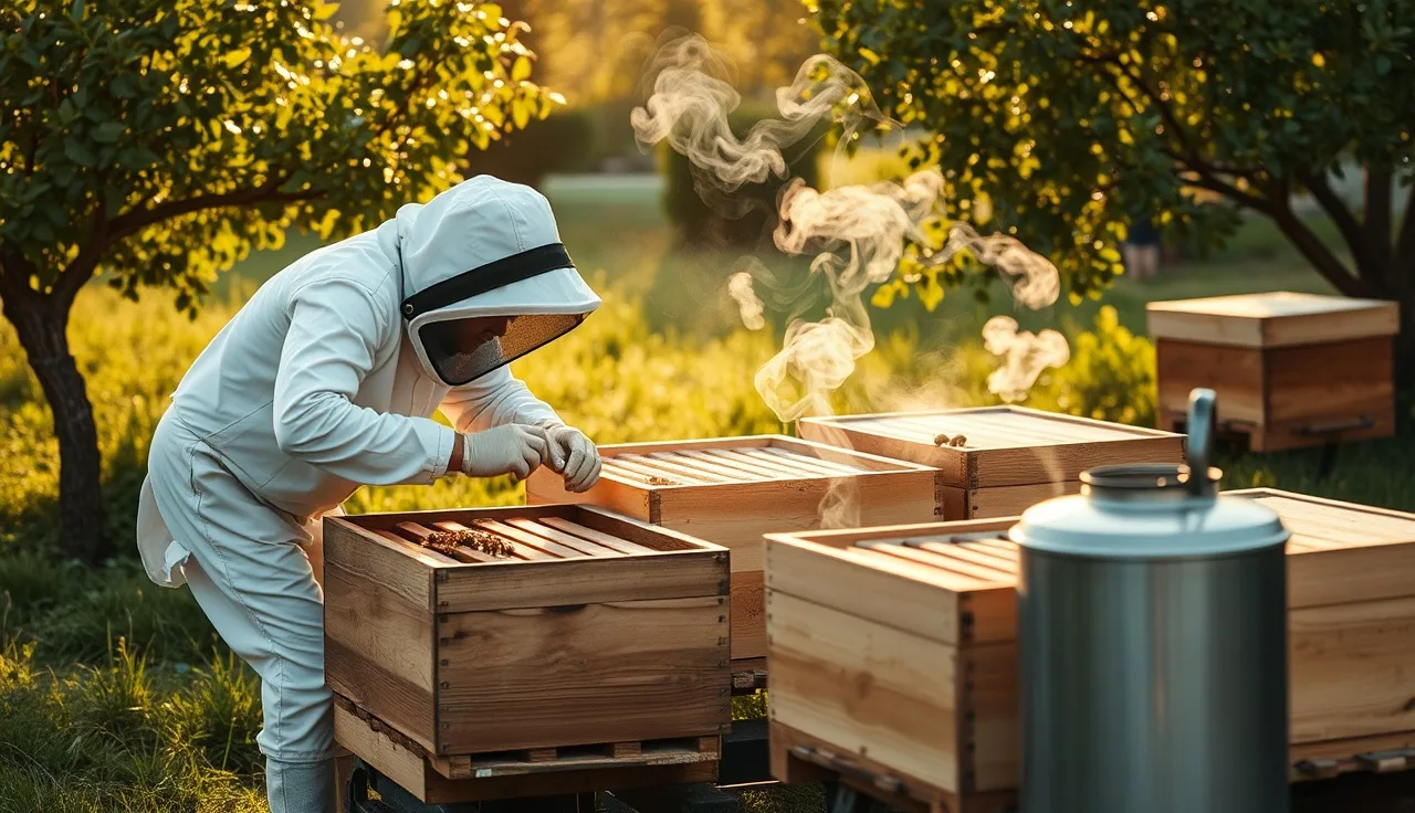 Beekeeper treating open hive boxes for varroa mites in a backyard orchard