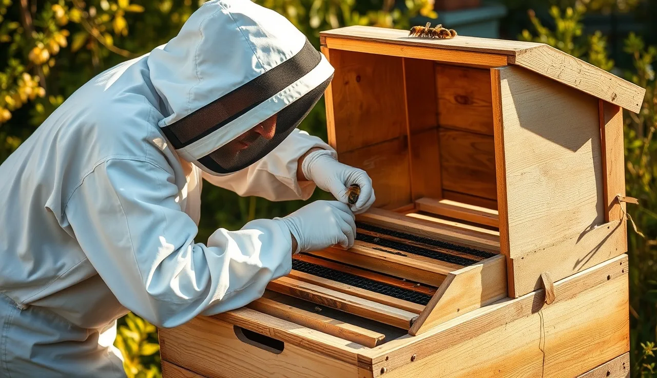 Beekeeper placing a varroa mite treatment strip between hive frames outdoors
