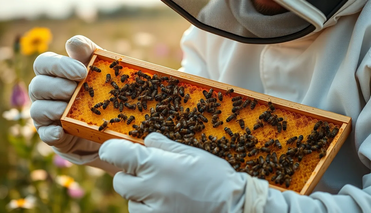 Beekeeper inspecting a brood frame with bees during varroa mite management check