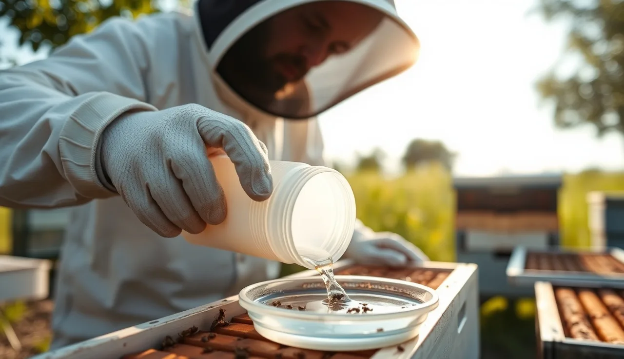 Beekeeper performing an alcohol wash mite count on a frame after MAQS treatment