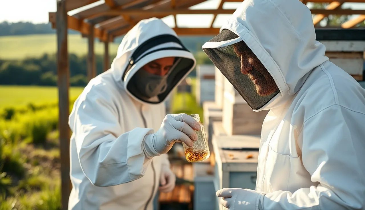 Beekeeper examining an alcohol wash varroa mite count jar beside hives in northeast New York
