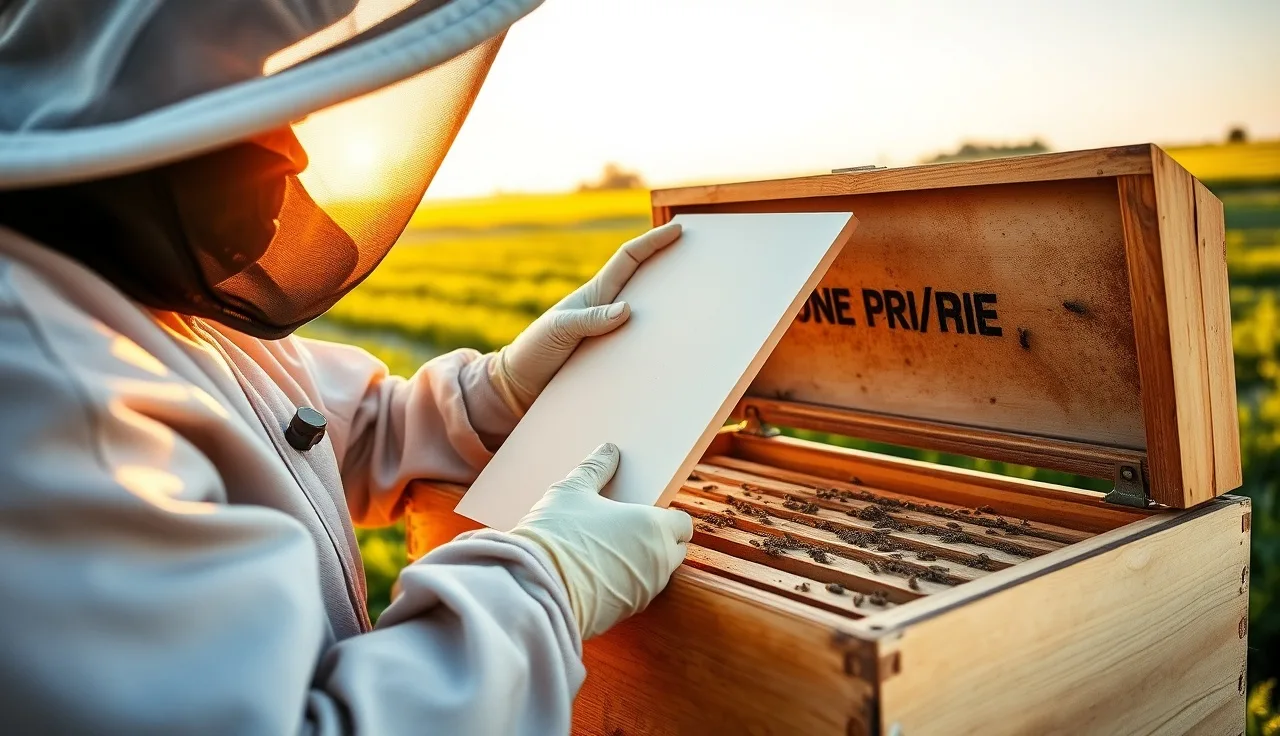 Beekeeper placing a formic acid treatment pad on beehive top bars outdoors