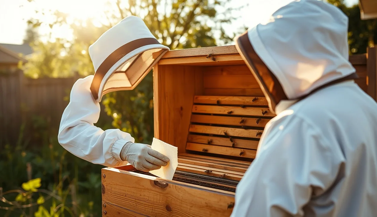 Beekeeper placing a formic acid treatment strip inside an open wooden hive