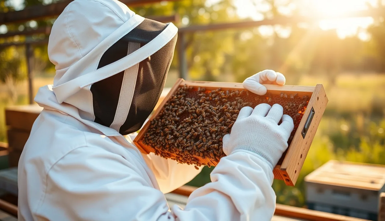Beekeeper inspecting a brood frame for varroa mites in a sunny apiary