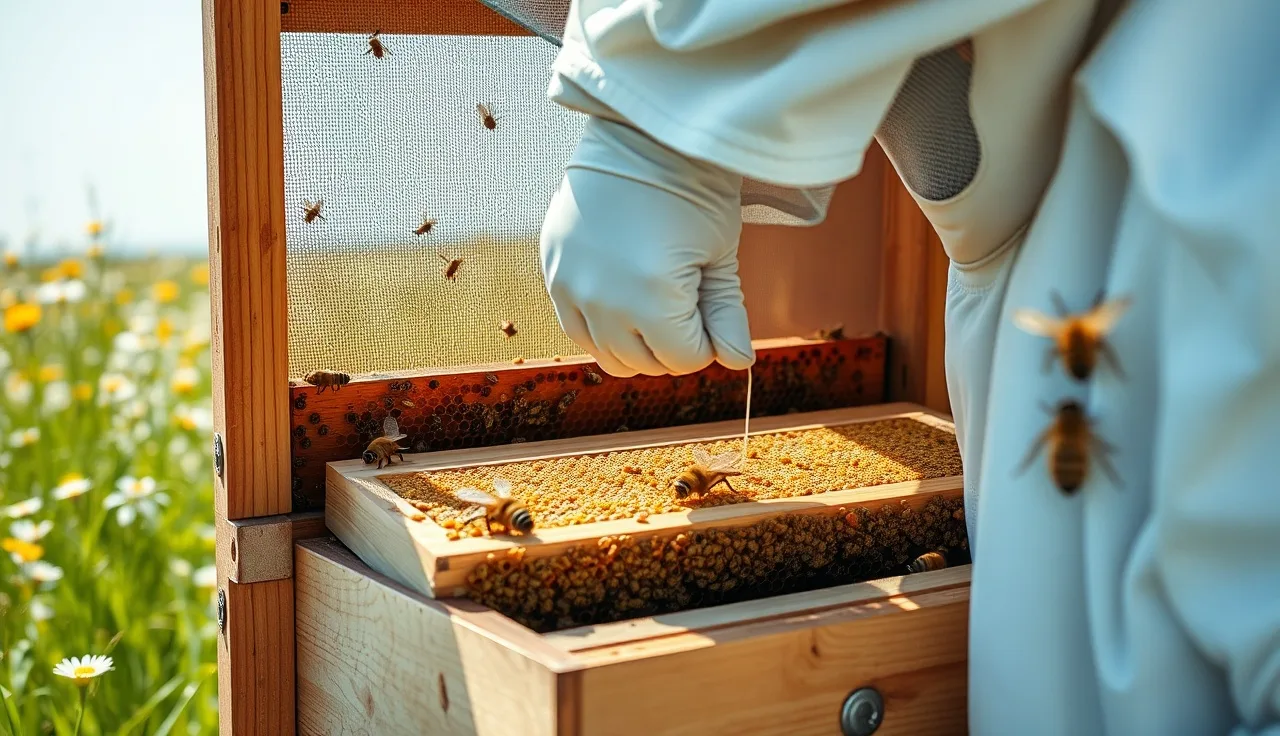 Beekeeper in white suit placing amitraz Apivar strip between brood frames in wooden hive