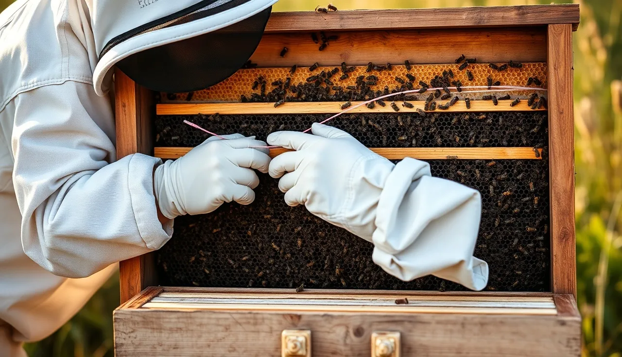 Beekeeper hanging amitraz varroa treatment strips between brood frames in open hive