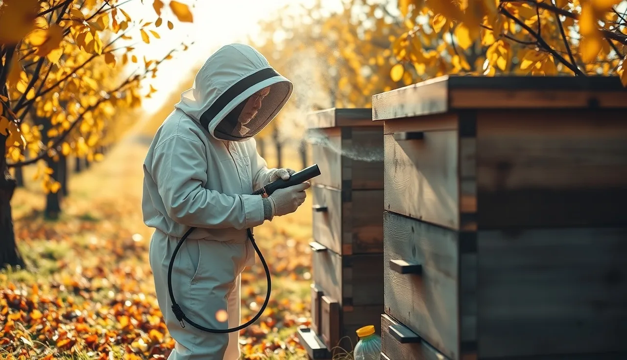 Beekeeper applying oxalic acid vaporizer to a Langstroth hive in autumn orchard