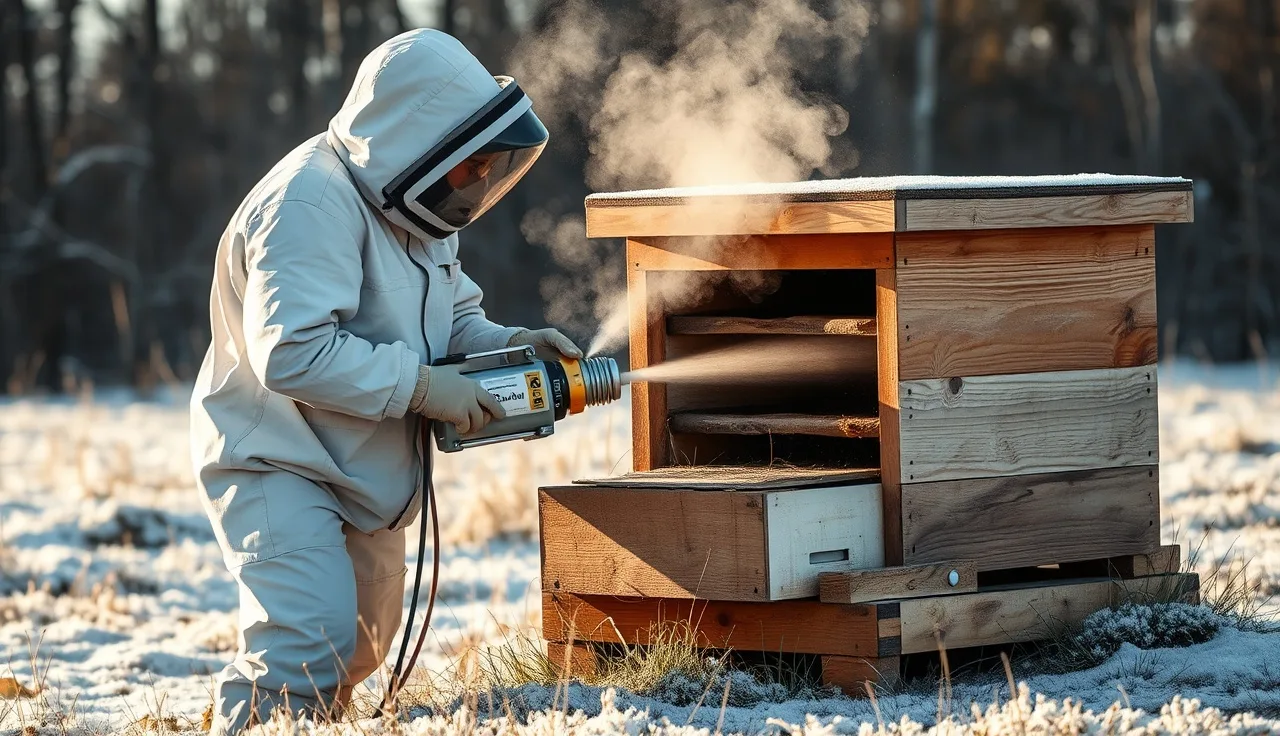 Beekeeper applying oxalic acid vapor treatment to a Langstroth hive in winter