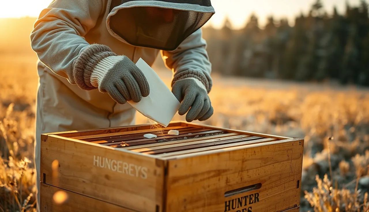 Beekeeper placing Api Life Var wafer on hive top bars in cold morning light