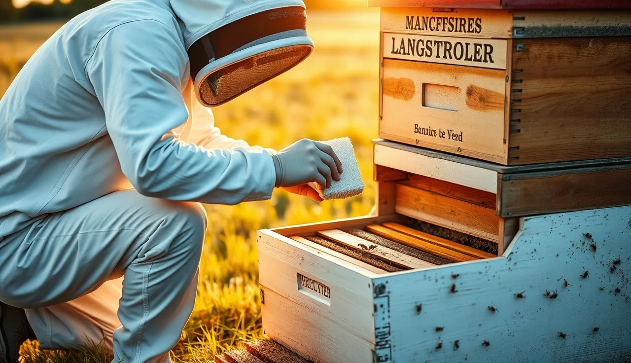 Beekeeper placing an Api Life VAR thymol wafer on hive frames in late summer