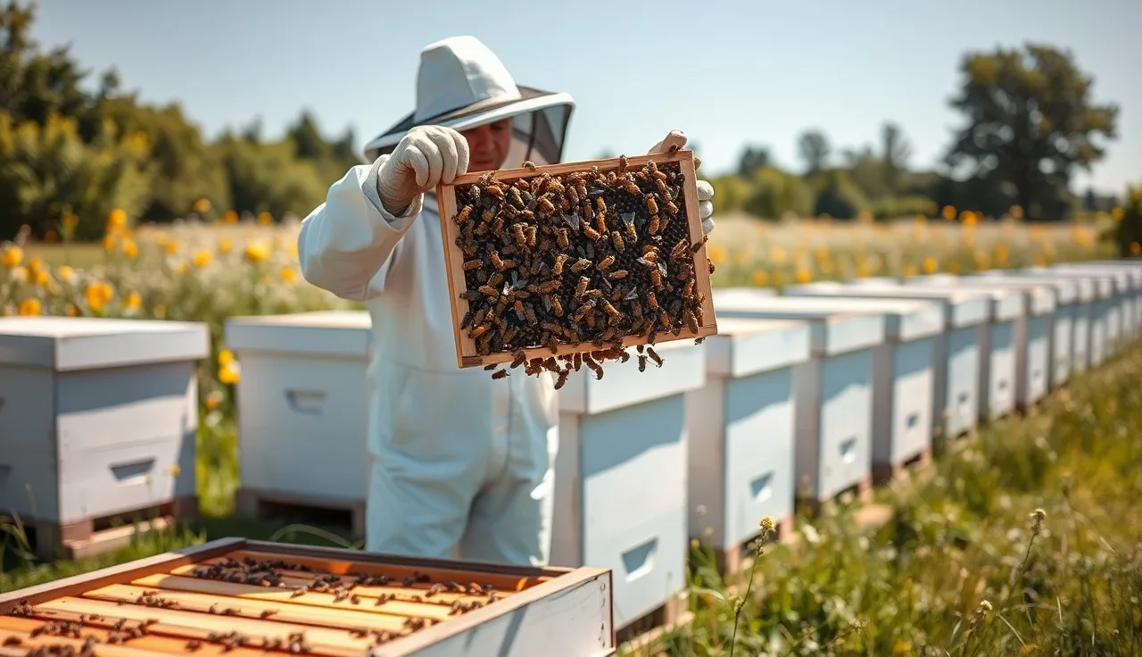 Beekeeper inspecting a varroa-monitored hive frame in a multi-hive apiary yard