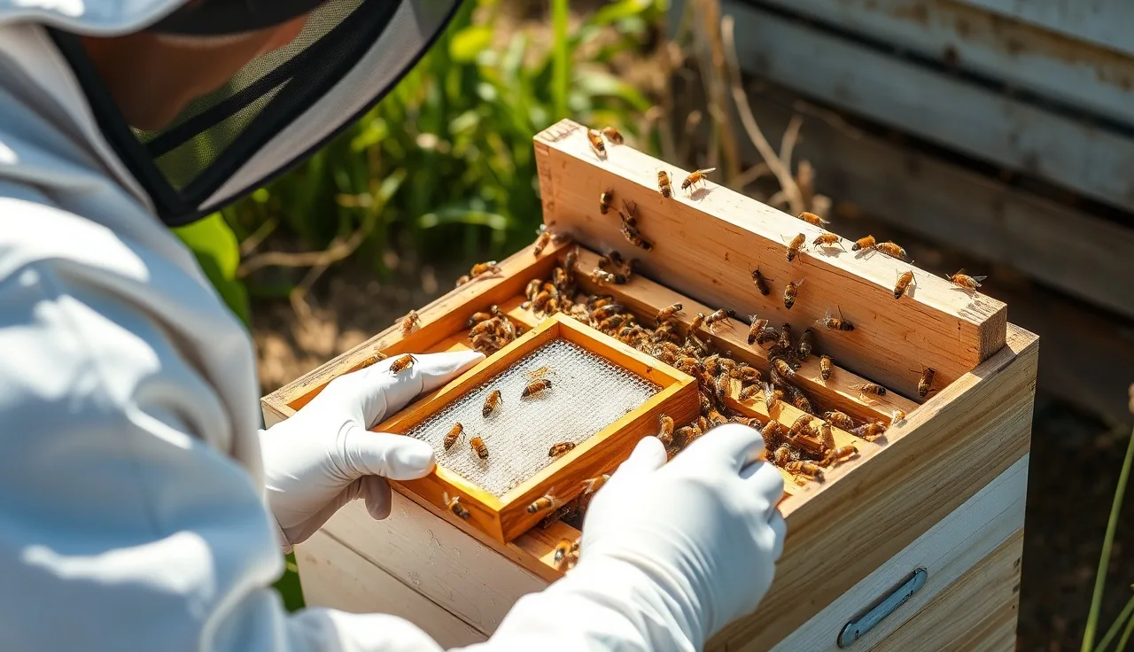 Beekeeper placing an Apiguard gel tray on brood frames inside a Langstroth hive