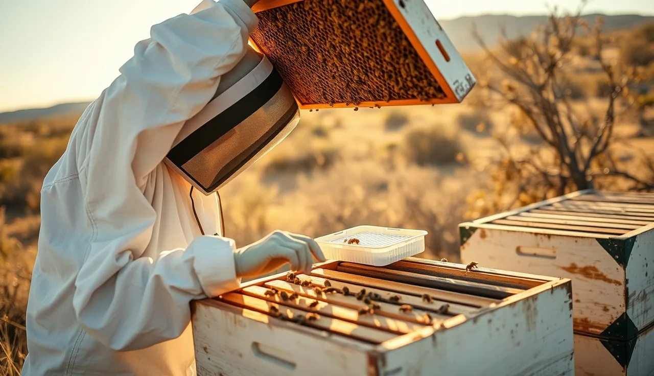 Beekeeper inspecting an Apiguard tray inside a hive on a hot desert afternoon