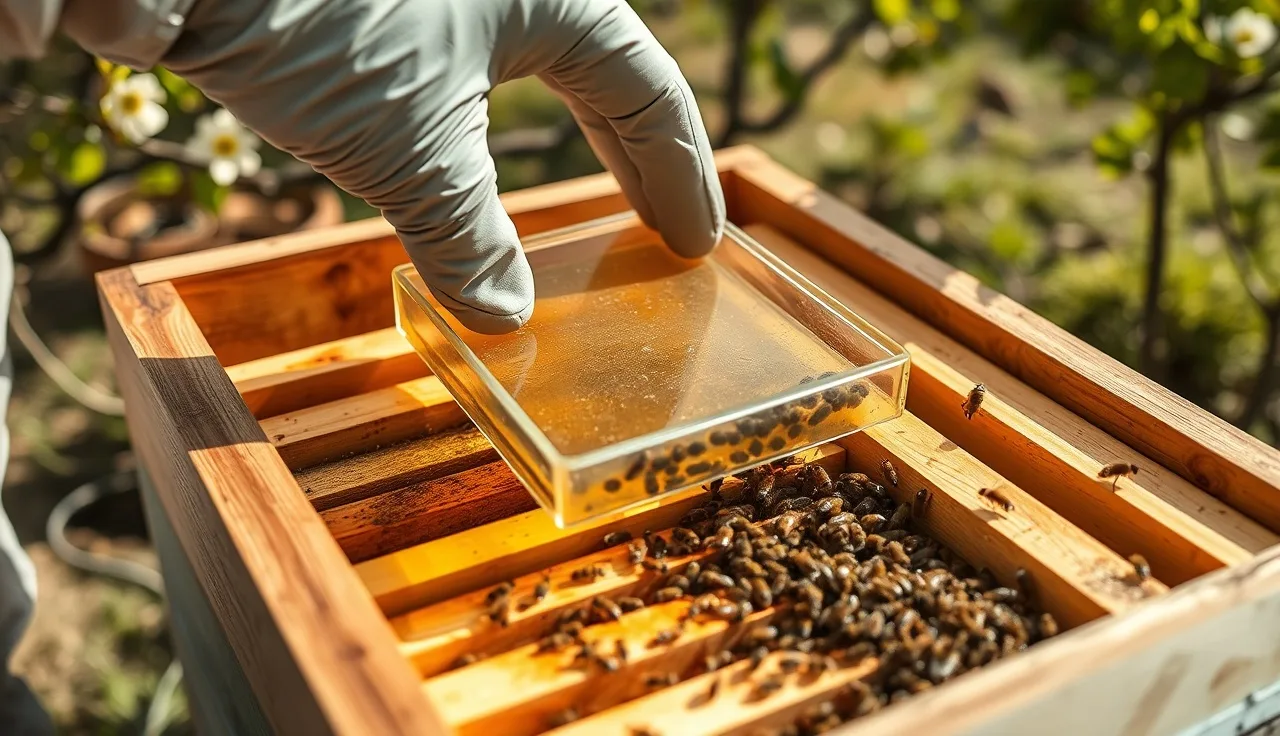Beekeeper placing Apiguard gel tray on frames above brood nest in wooden hive box