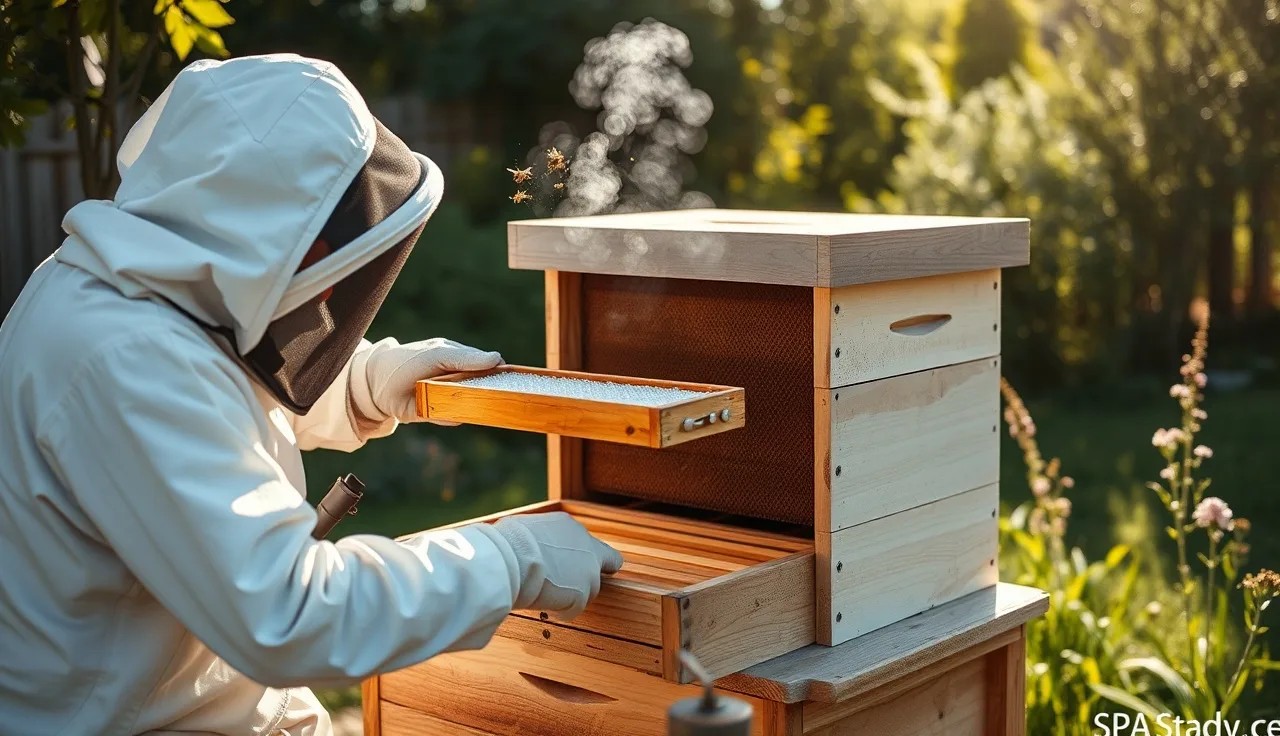 Beekeeper placing an Apiguard gel tray on top bars of a Langstroth hive outdoors