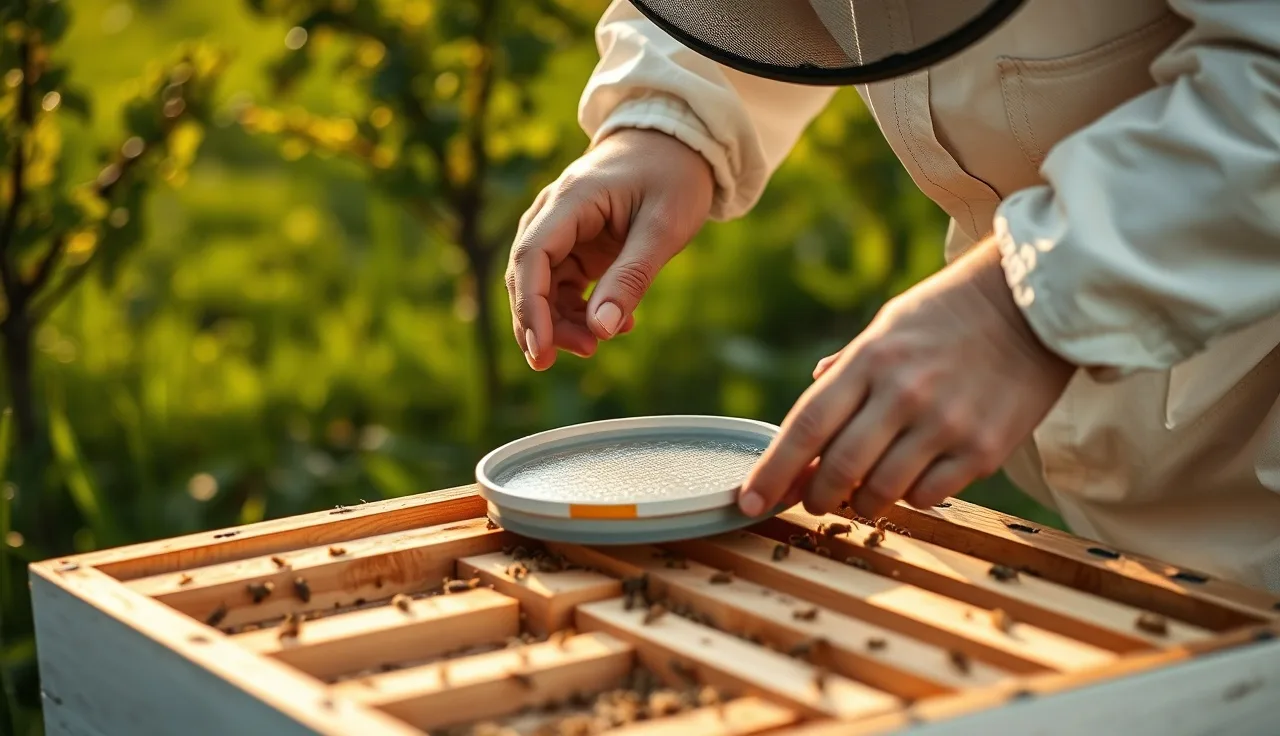 Beekeeper placing an Apiguard thymol gel tray onto hive frames for varroa mite treatment