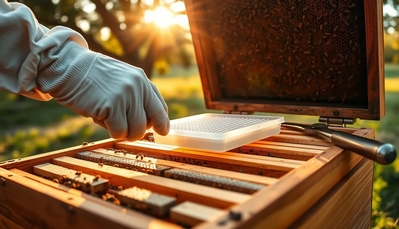 Beekeeper placing a thymol gel tray on brood frames inside an open Langstroth hive