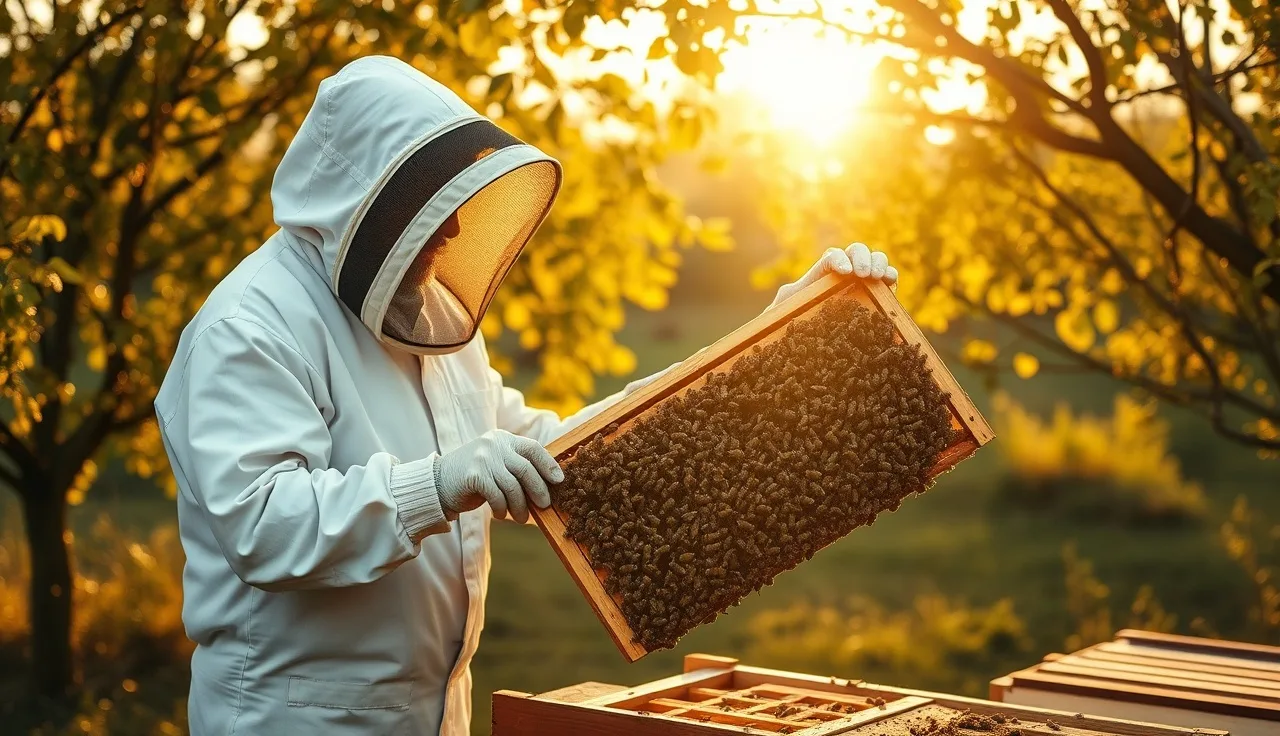 Beekeeper inspecting a brood frame during varroa treatment season in a backyard apiary