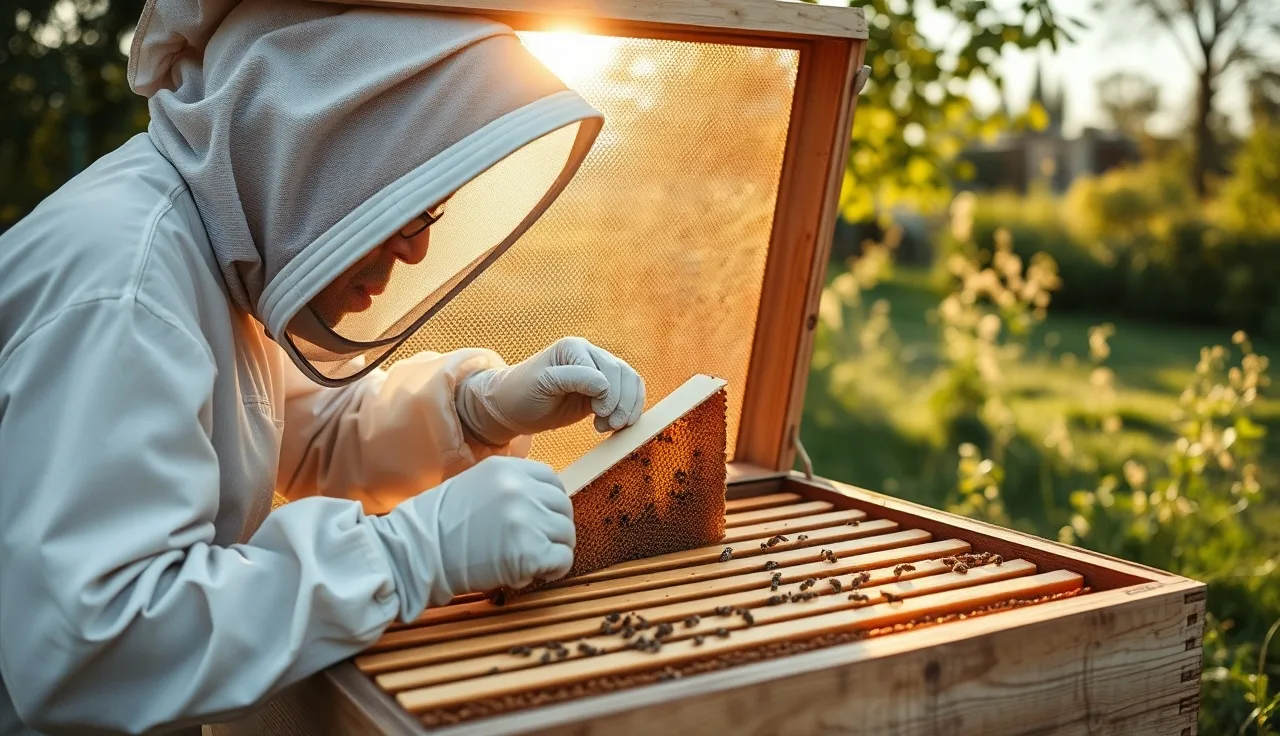 Beekeeper inserting an Apistan varroa treatment strip between brood frames in a hive