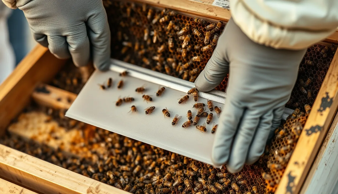 Gloved hands placing an amitraz varroa treatment strip between frames in a Langstroth hive