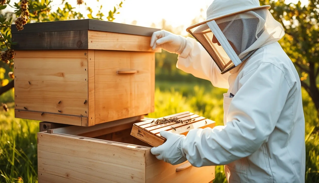 Beekeeper inspecting a frame from a Langstroth hive during varroa treatment season