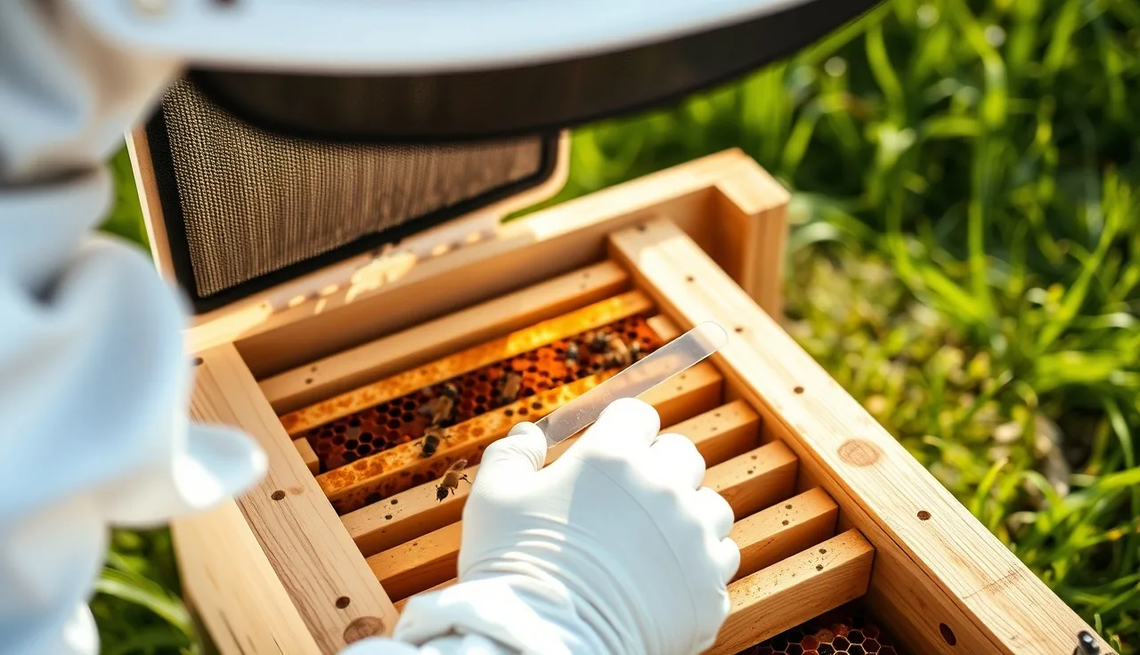 Beekeeper placing an Apivar strip between frames in a nucleus colony box
