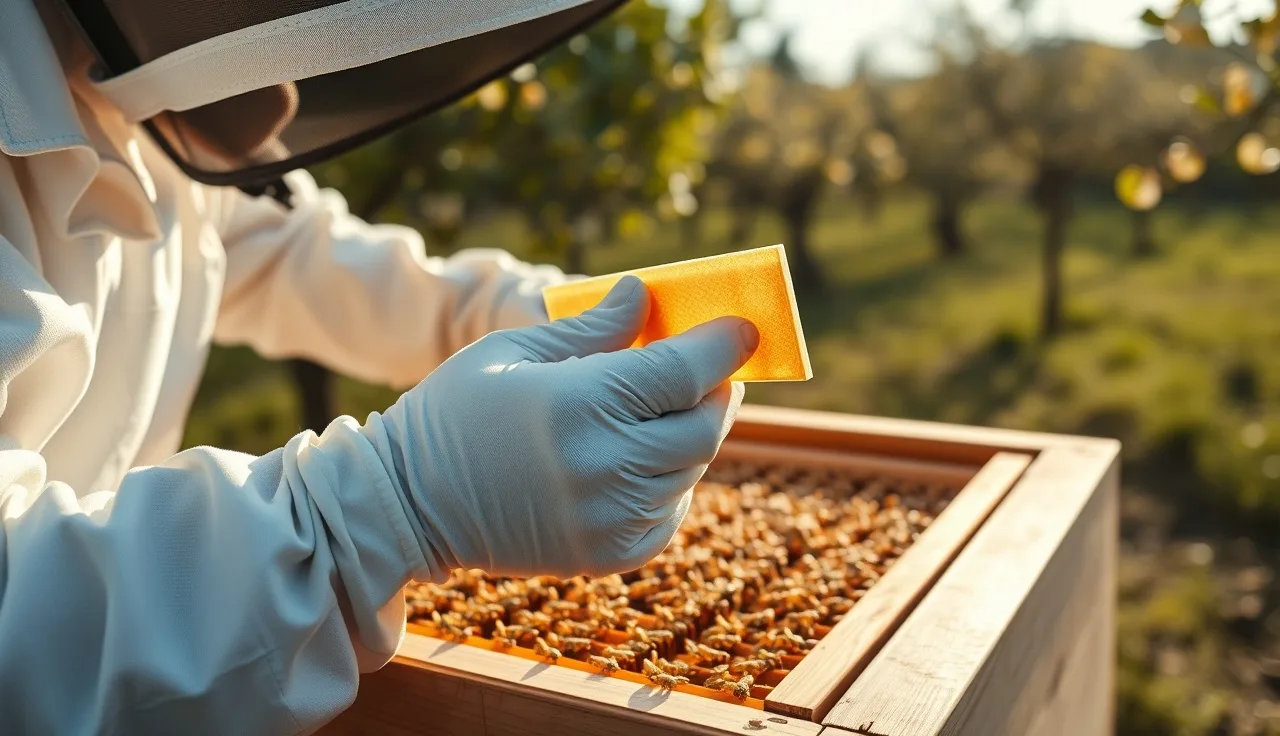 Beekeeper in white suit placing an Apivar amitraz strip into a brood hive frame
