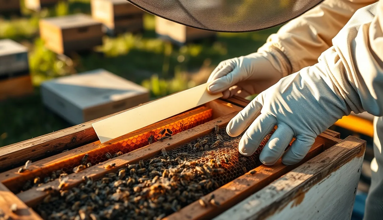 Beekeeper in gloves placing a varroa treatment strip between hive frames