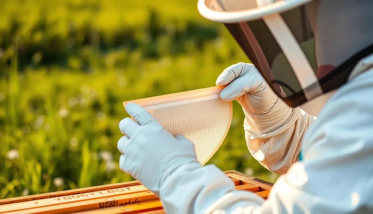 Beekeeper installing an apivar mite strip between hive frames in morning light