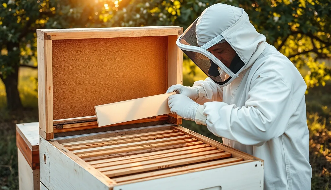 Beekeeper placing an Apivar varroa treatment strip between brood frames in a Langstroth hive